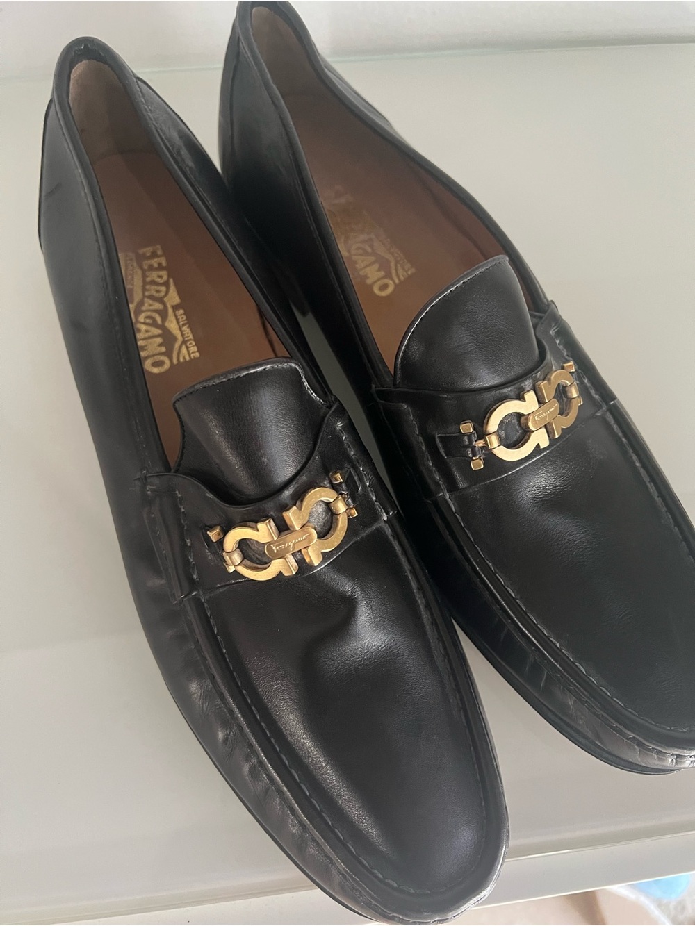 Salvatore Ferragamo Black Leather Loafers with Gold Gancini